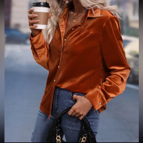 Luxe rust brown  button down shirt - Picture 2 of 15